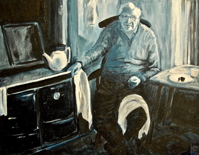 John Thomas in his kitchen at Llywnbustach  35 x 46 cm. SOLD