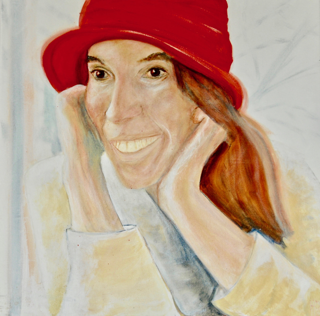 Sally in the red hat  60 x 60 cm. NOT FOR SALE