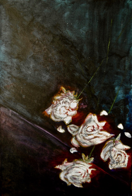 After it happened. Four white roses. Bleeding. 91 x 60 cm