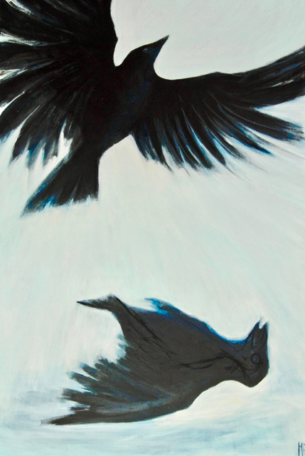 Roadkill redemption. A dying crow dreams of salvation  91 x 60 cm